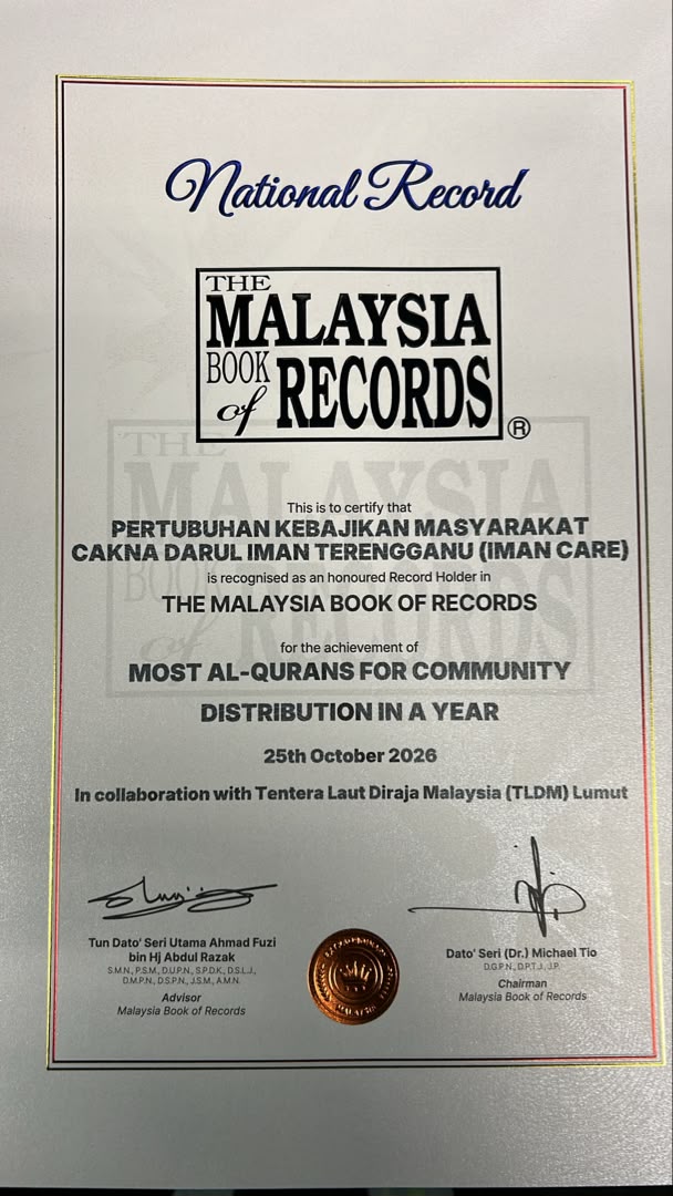 Sijil National Record Malaysia Book of Records untuk Iman Care